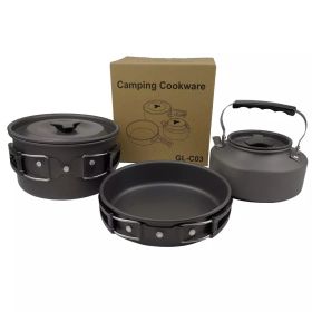 3pcs/set Lightweight Outdoor Cooking Utensils Kit Portable Camping Pot Pan Kettle Soup Wok Pot Cookware Set - Black